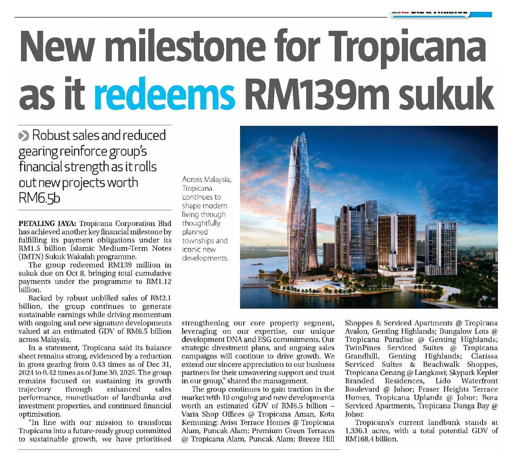 2025-10-10 The Sun - New milestone for Tropicana as it redeems RM139m sukuk