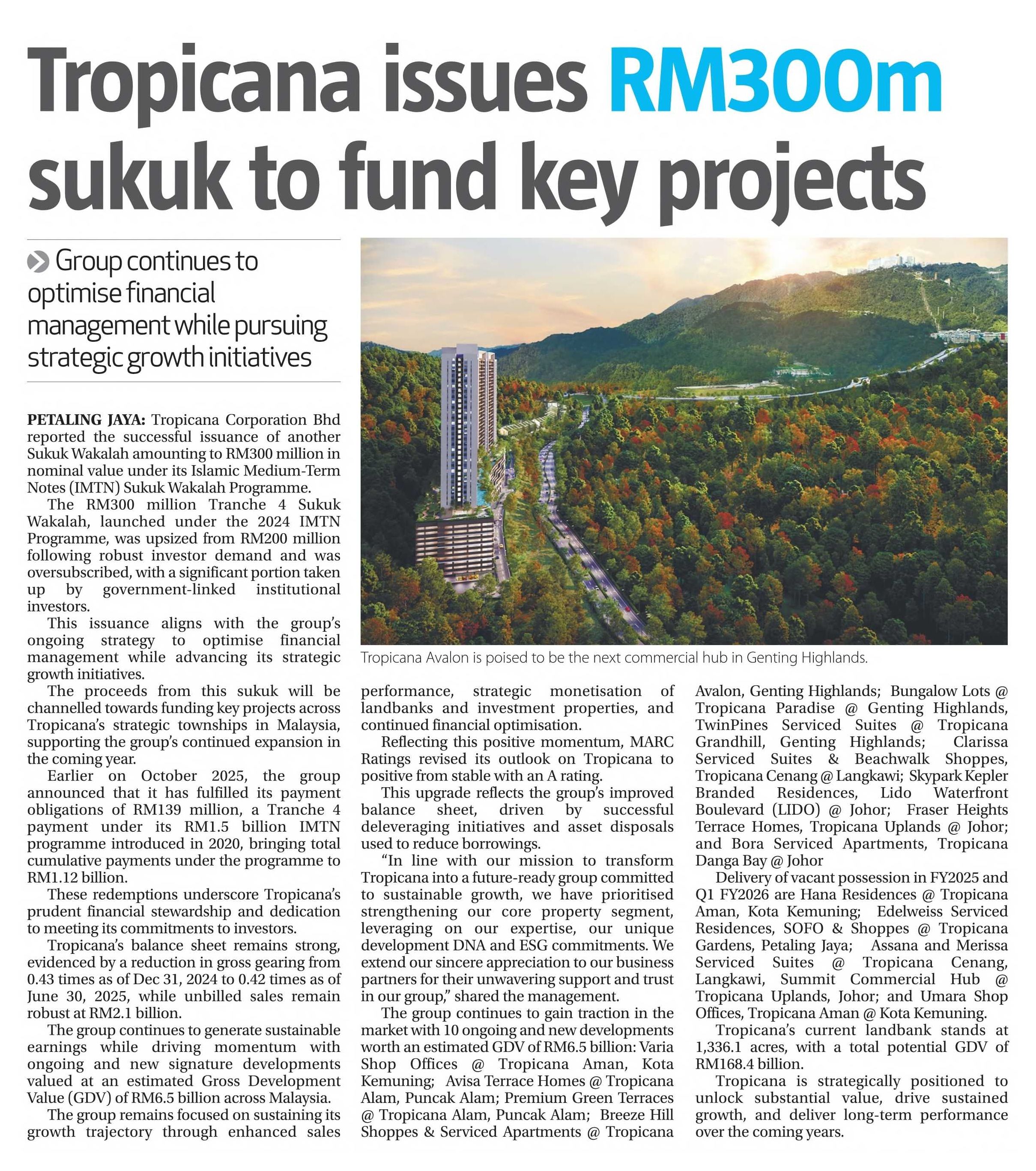 2025-11-17 The Sun - Tropicana issues RM300m sukuk to fund key projects