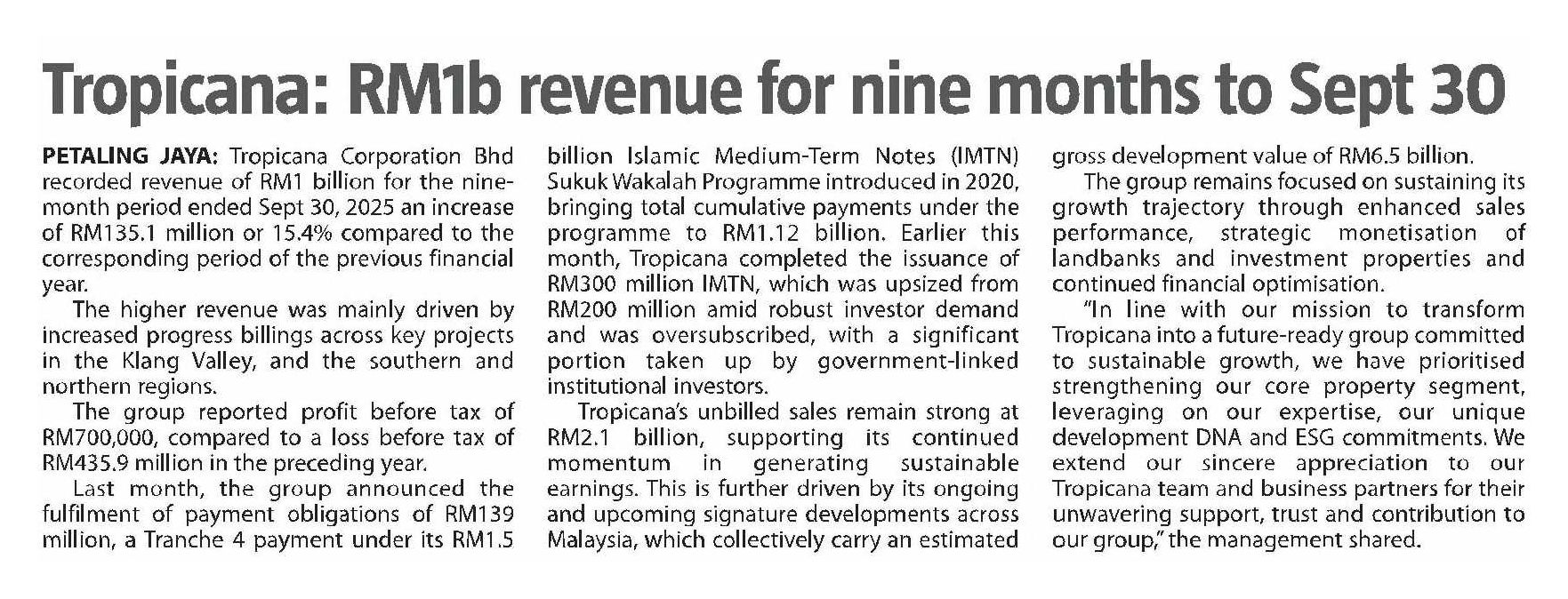 2025-11-28 The Sun - Tropicana: RM1b revenue for nine months to Sept 30