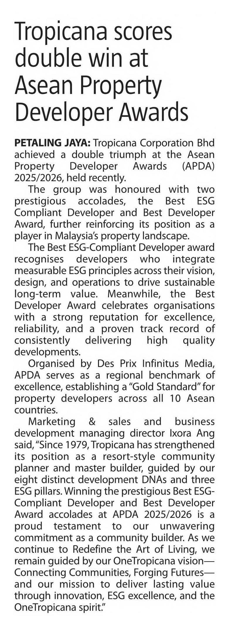 2026-07-30 The Sun - Tropicana scores double win at Asean Property Developer Awards
