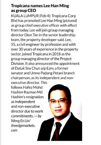The Edge CEO Morning Brief - Tropicana names Lee Han Ming as Group CEO