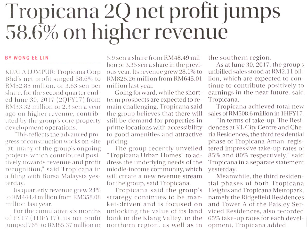 Tropicana 2Q net profit jumps 58.6% on higher revenue