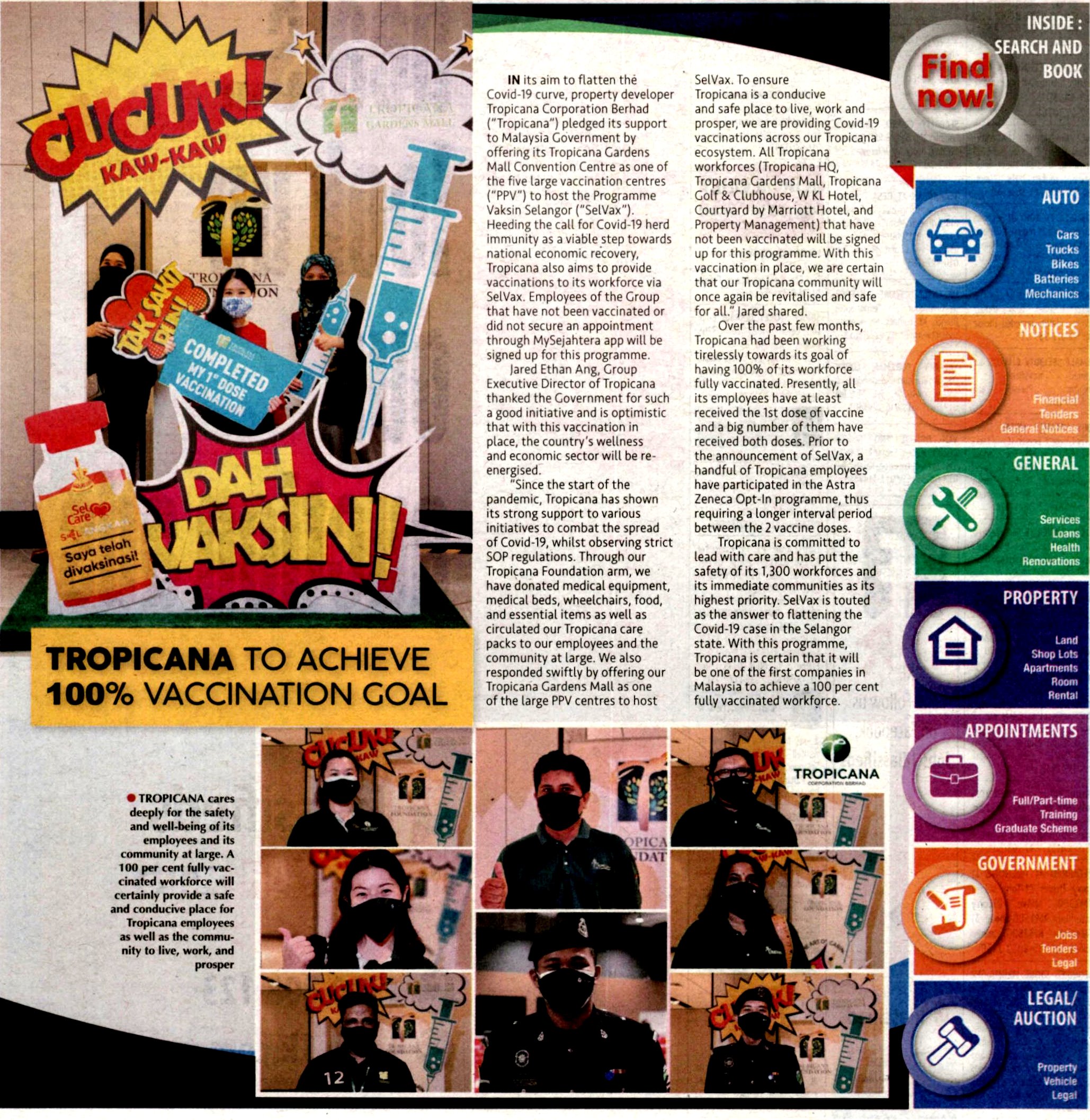 2021-07-29 New Straits Times -  Tropicana To Achieve 100 Vaccination Goal