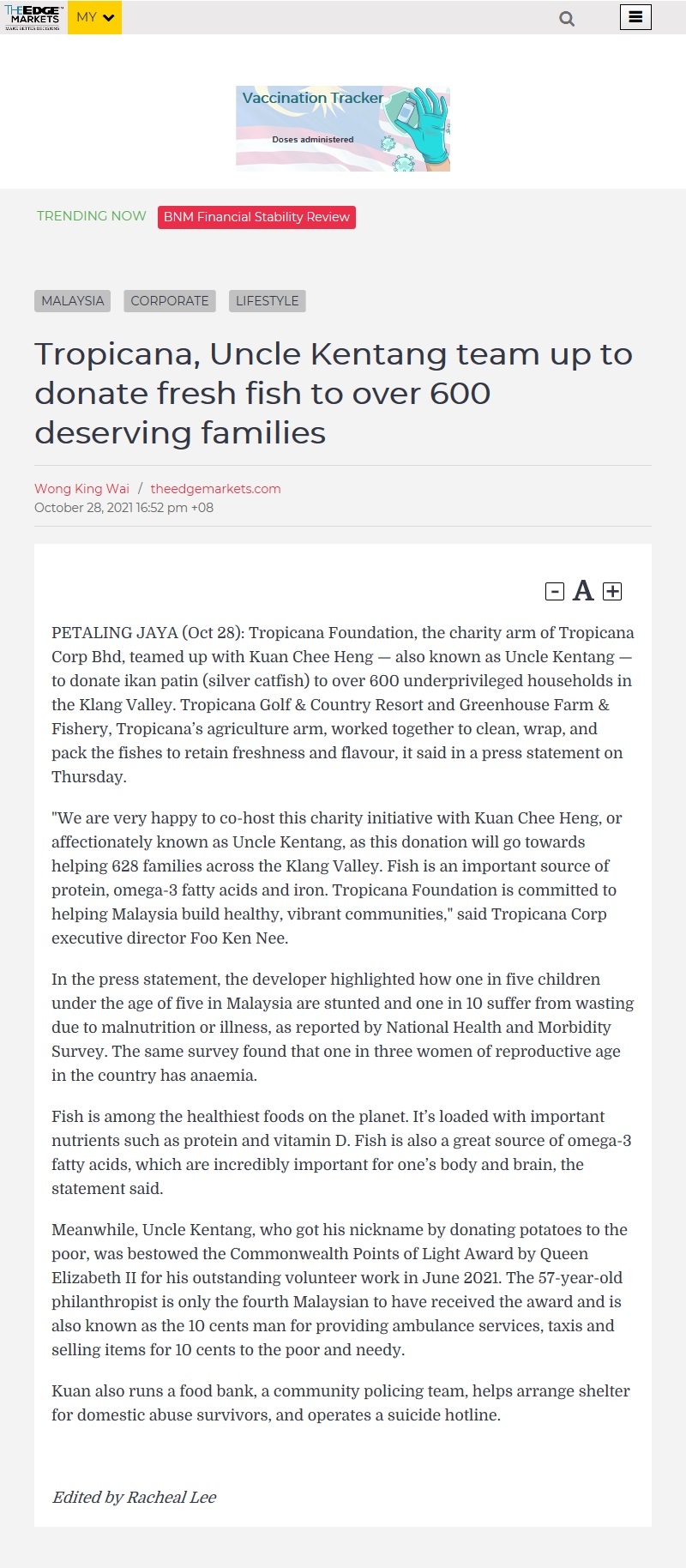 2021-10-28 The Edge - Tropicana, Uncle Kentang Team Up to Donate Fresh Fish to Over 600 Deserving Families