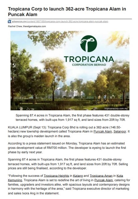 2023-09-13 Edge Prop Online - Tropicana Corp to launch 362-acre Tropicana Alam in Puncak Alam