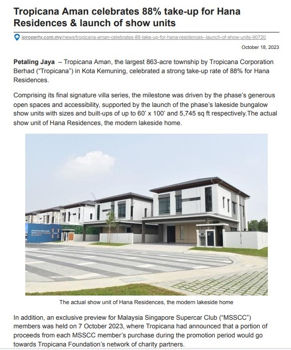 2023-10-18 iProperty Online - Tropicana Aman celebrates 88% take-up for Hana Residences & launch of show units