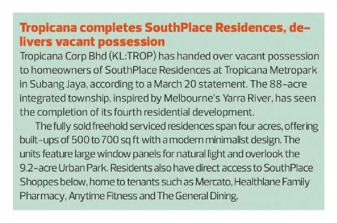 2025-03-31 The Edge - Tropicana Completes SouthPlace Residences, delivers vacant possession