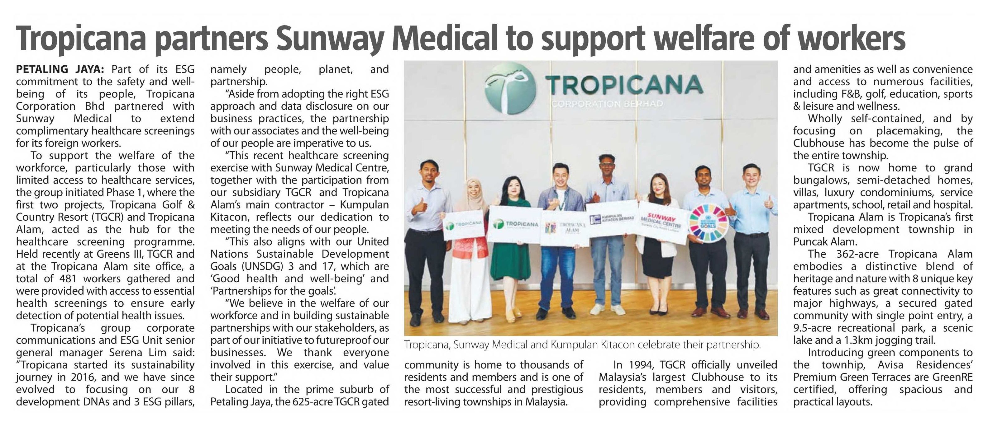 2025-09-24 The Sun - Tropicana partners Sunway Medical to support welfare of workers