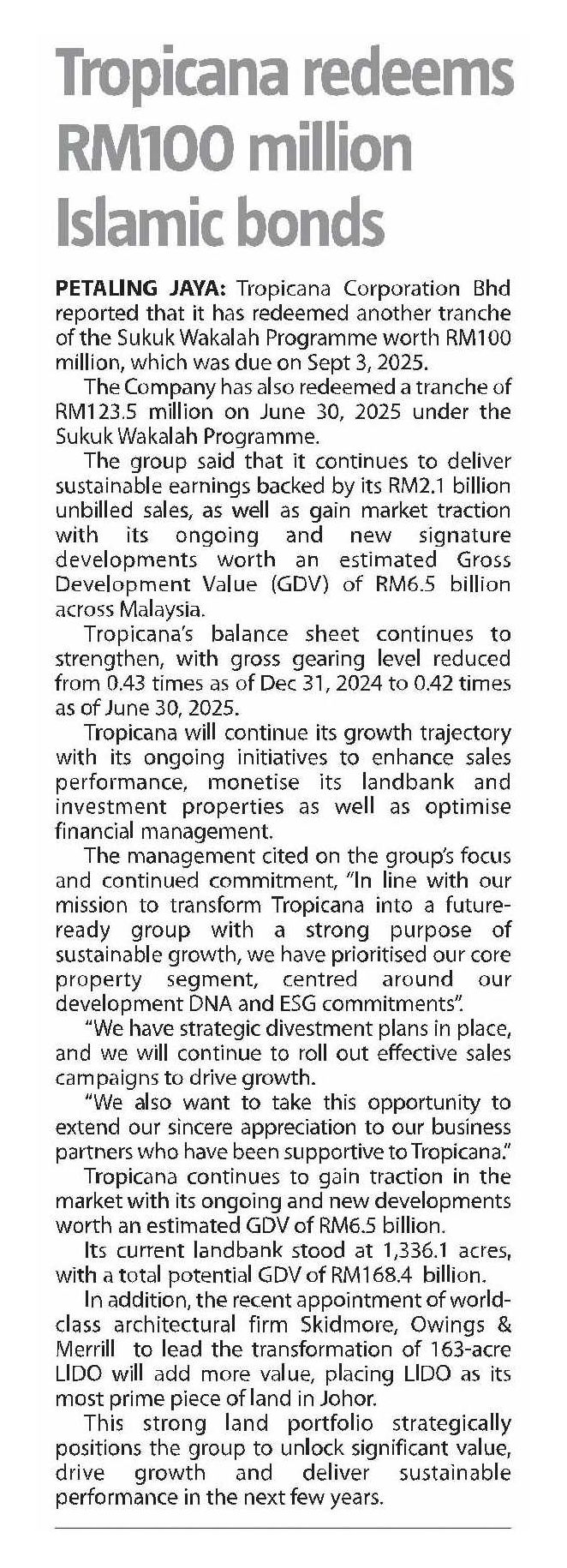 2025-09-05 The Sun - Tropicana redeems RM100 million Islamic bonds