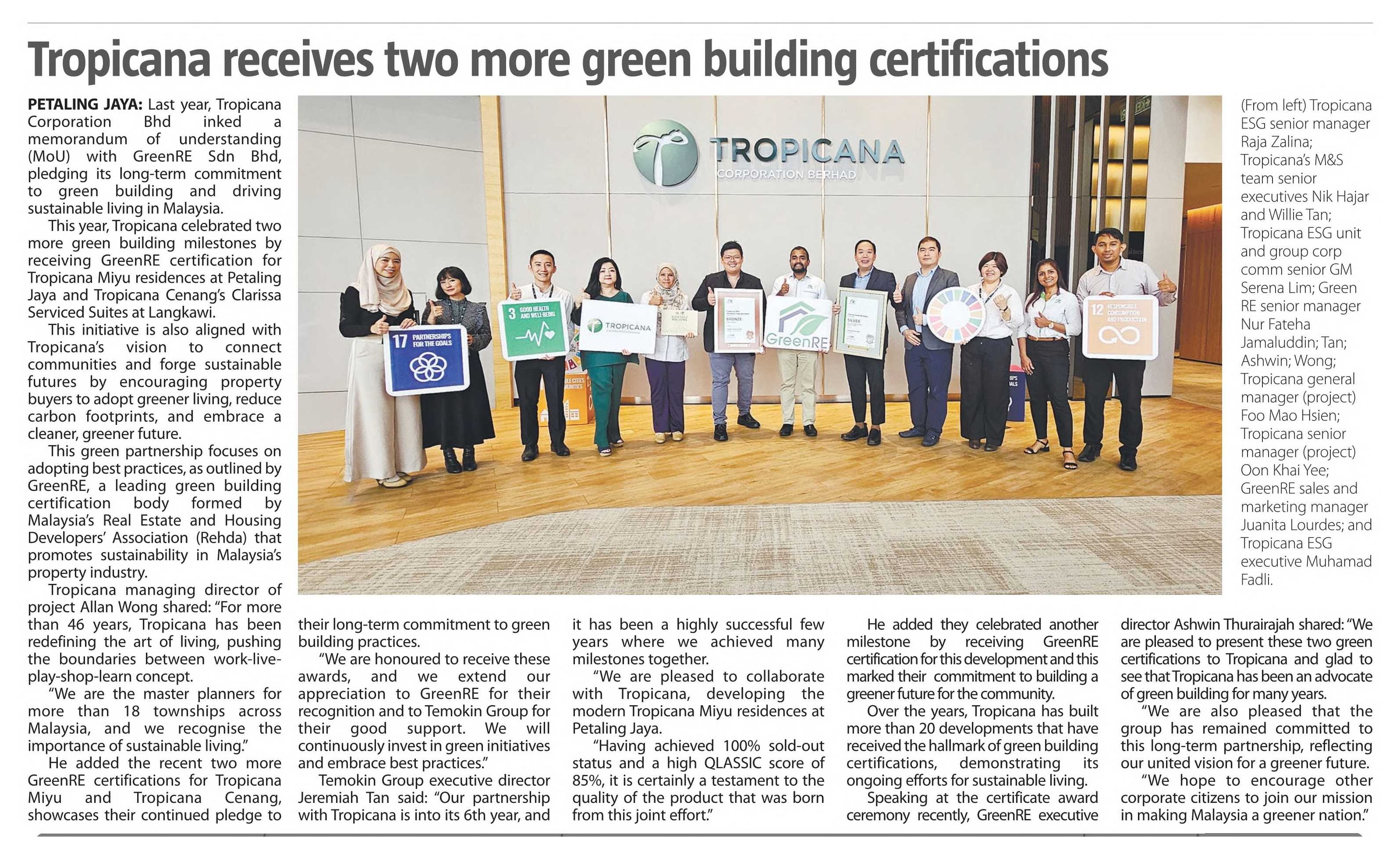 2025-10-22 The Sun - Tropicana receives two more green building certifications