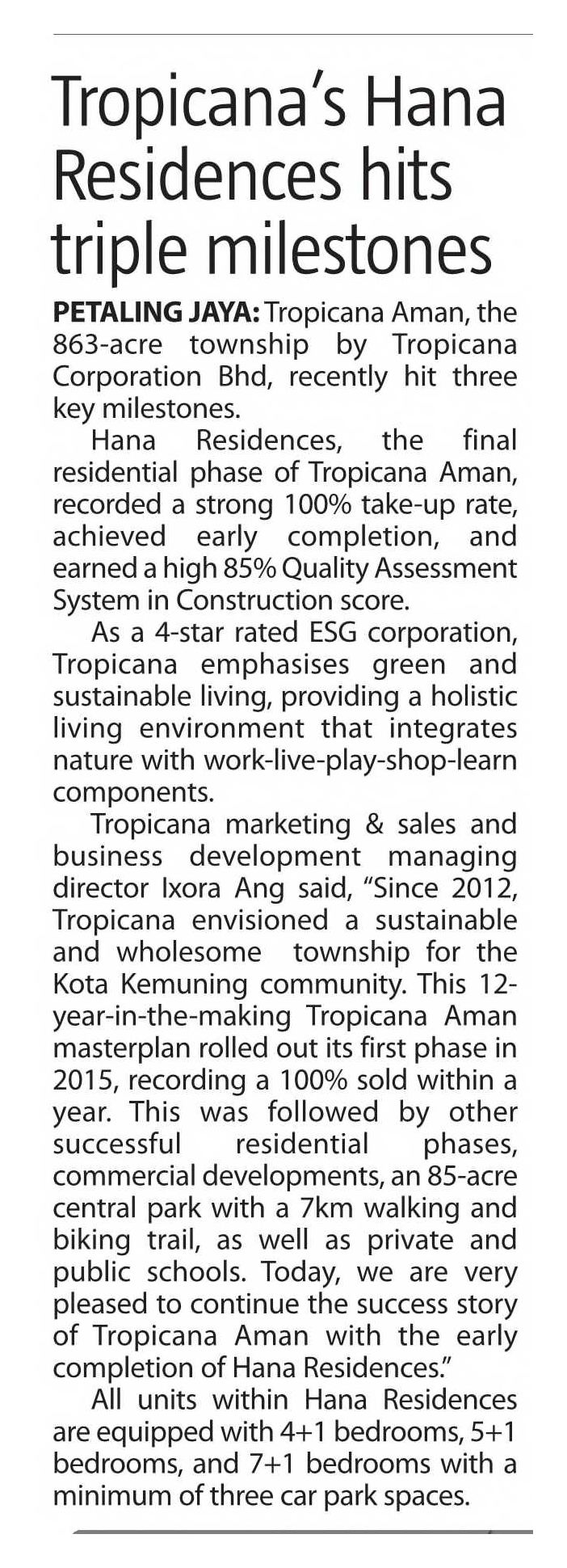 2026-01-22 The Sun - Tropicana's Hana Residences hits triple milestones