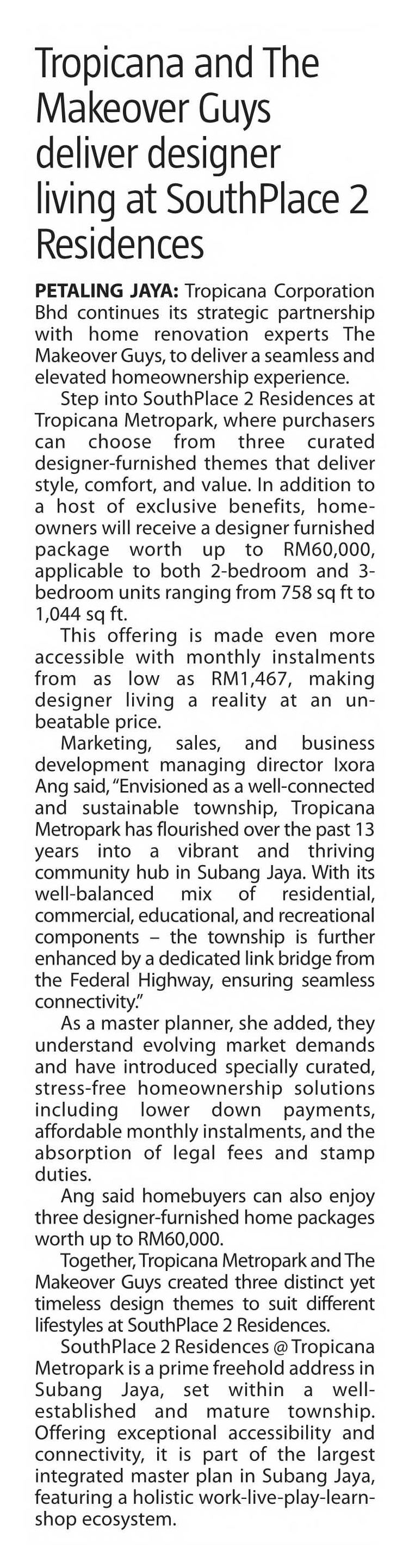 2026-04-30 The Sun - Tropicana and The Makeover Guys deliver designer living at SouthPlace 2 Residences