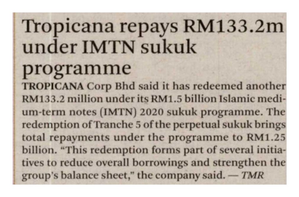 2026-04-20 The Malaysian Reserve - Tropicana repays RM133.2m under IMTN sukuk programme